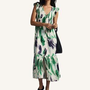 Anthropologie Peregrine Midi Dress Size Medium 100% Cotton Button Front Pockets